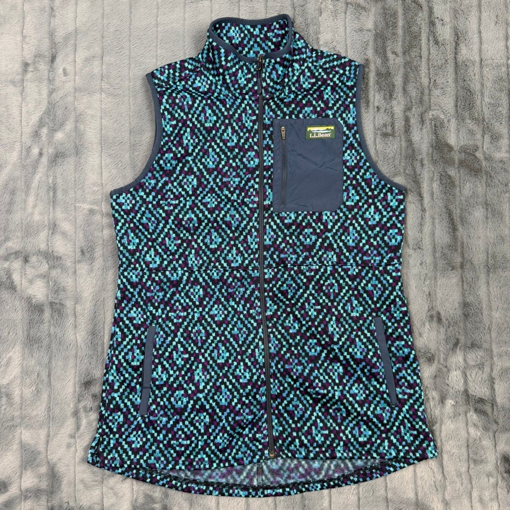 LL Bean Sweater Fleece Vest Womens Medium Teal Purple Fair Isle Full Zip 515700